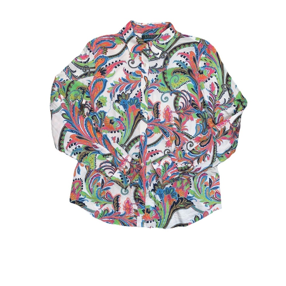 VTG RALPH LAUREN WOMEN'S L SHIRT BUTTON UP PAISLEY LONG SLEEVE NON IRON COLORFUL - Picture 6 of 7